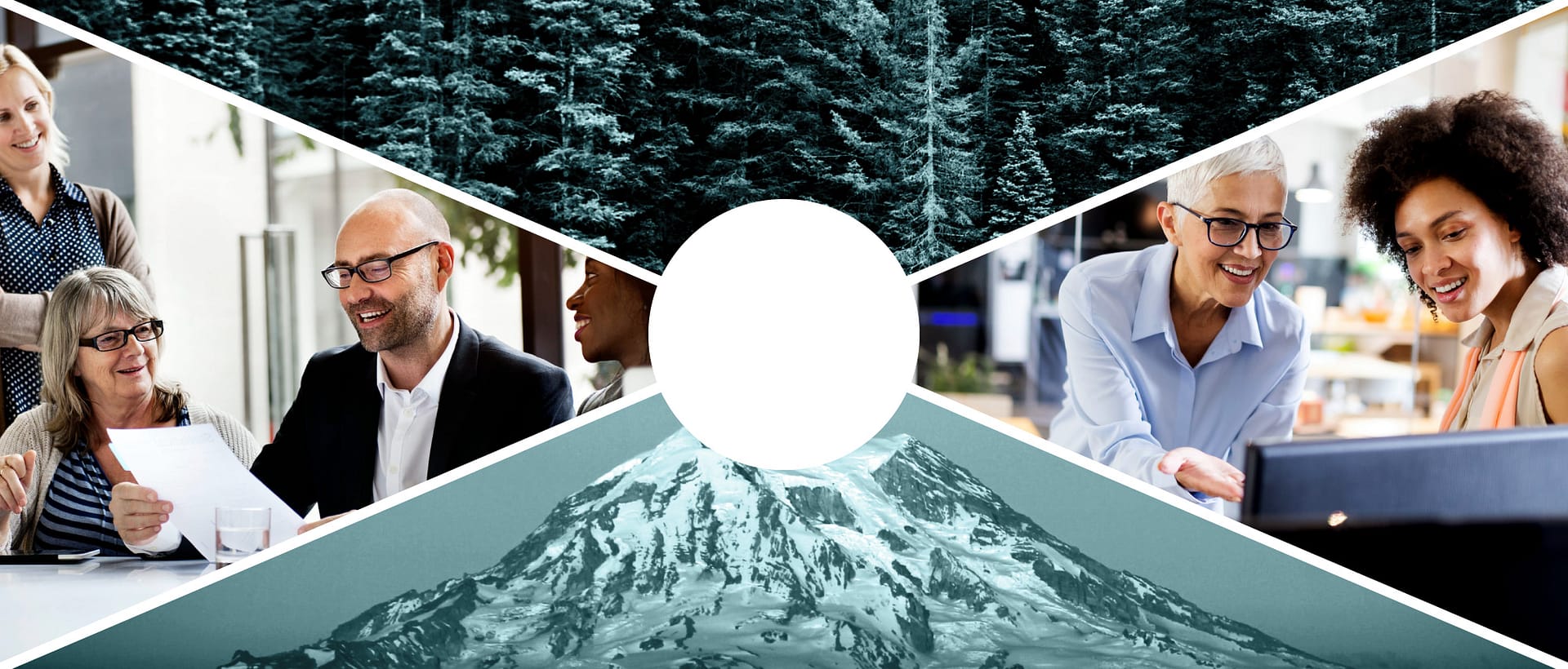 Collage featuring human resources professionals interspersed with Puget Sound nature scenes